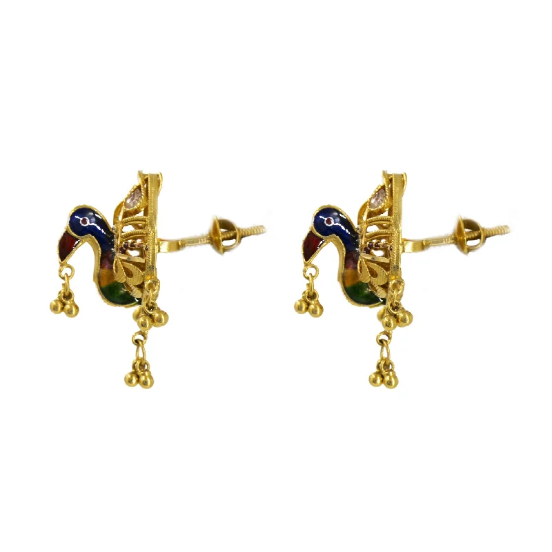 Elegant Evening Earrings-22K Gold Earrings W/ Peacock meenakari Design