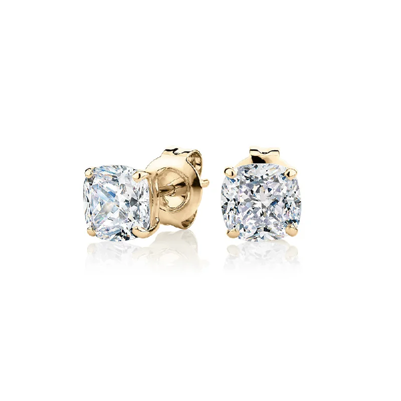 Funky Earrings for Teens-Cushion stud earrings with 2 carats* of diamond simulants in 10 carat yellow gold