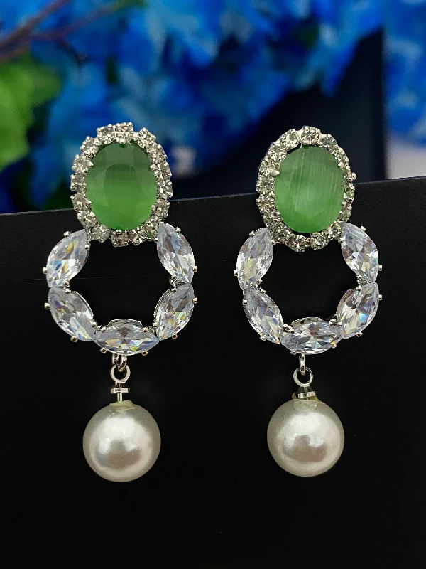 Handmade Crystal Earrings-Alluring American Diamond Emerald Stone Earrings