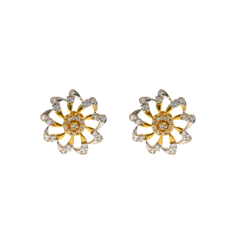 Fancy Diamond Earrings-22K Multi-tone Gold & CZ Stone Floral Studs