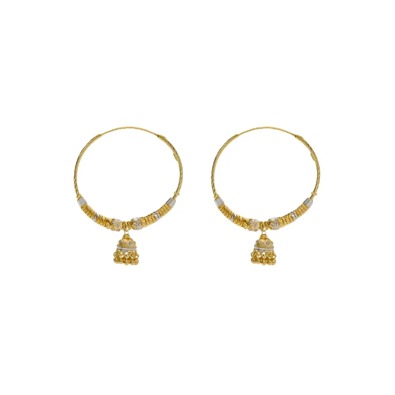 Classic Pearl Earrings-22K Multi Tone Gold Hoop Earrings W/ Shambala Beads, Gold Caps & Jhumki Drops