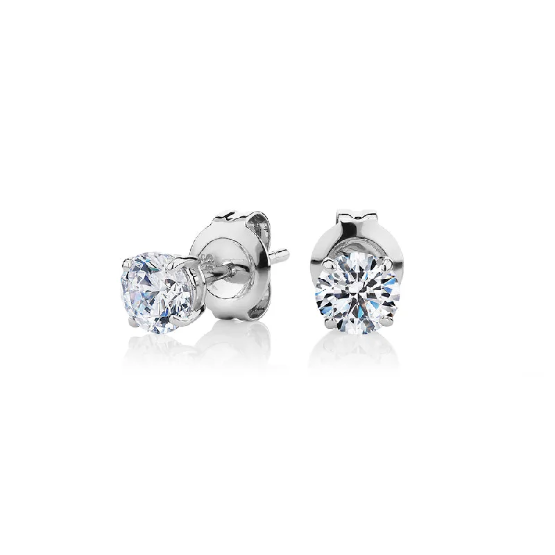 Boho Style Earrings-Round Brilliant stud earrings with 0.75 carats* of diamond simulants in 10 carat white gold