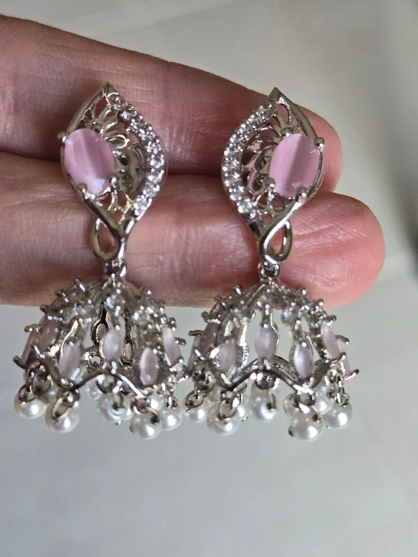 Handcrafted Earrings for Women-Elegant Light Pink Color American Diamond Jhumka Earrings