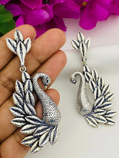 Heart Shaped Hoop Earrings-Pretty Oxidized Peacock Designer Earrings