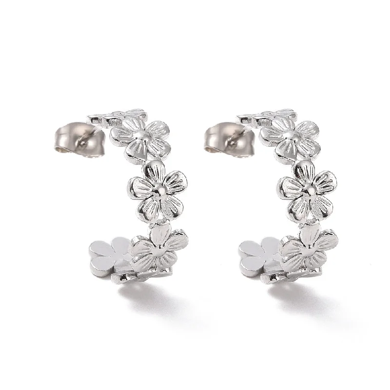 Simple Crystal Earrings-Stainless Steel Flower Hoop Earrings