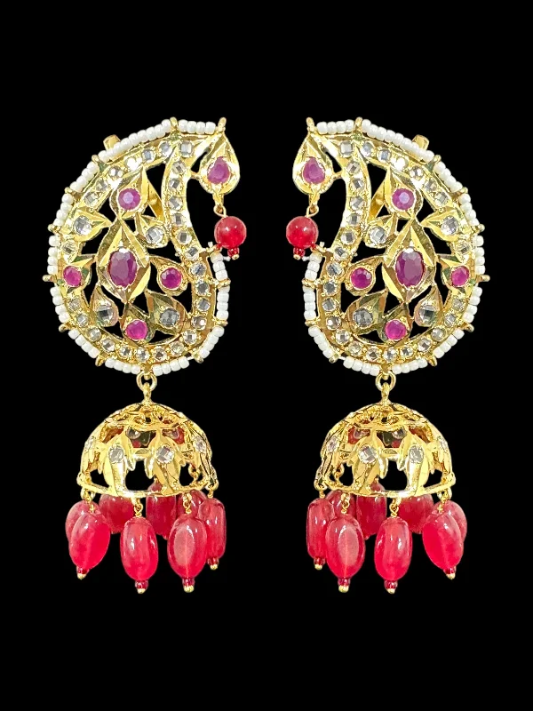 Funky Dangle Earrings-DER539 Kaan phool jhumka earrings in ruby (SHIPS IN 3 WEEKS  )