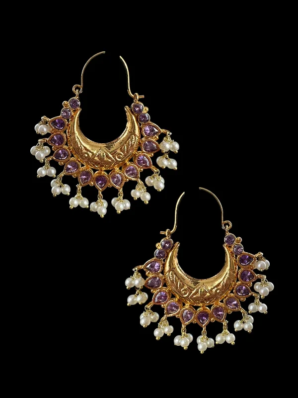 Gemstone Hoop Earrings-DER742 Chandbali earrings - hoop style - purple/ Amethyst   ( medium sized ) ( READY TO SHIP )