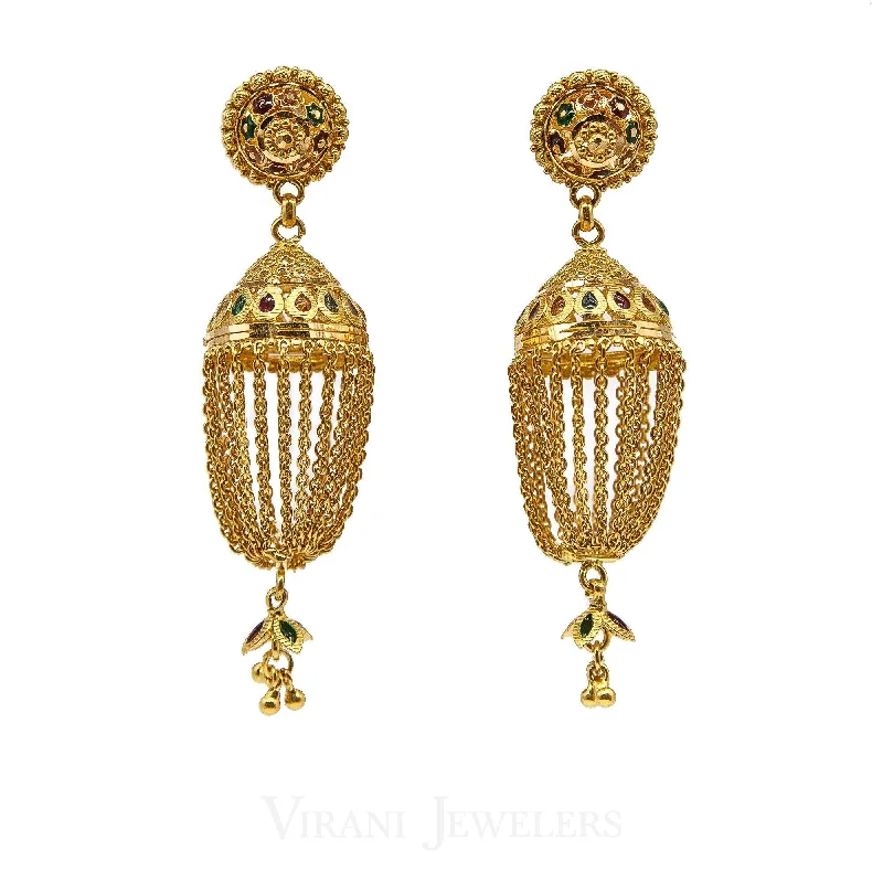 Long Dangling Earrings-22K Yellow Gold Jhumki Drop Earrings W/ Hanging Link Tassels