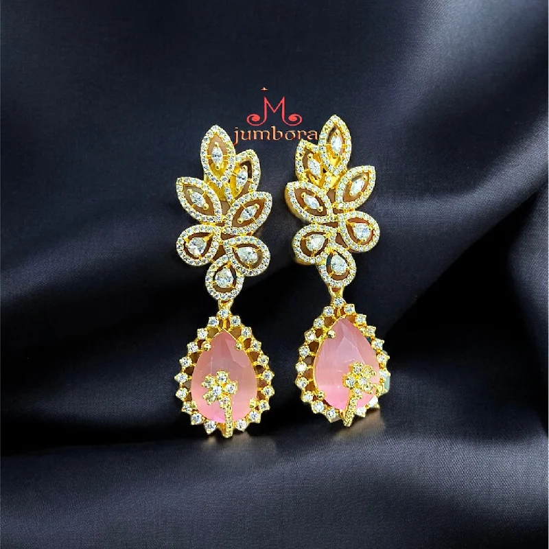 Simple Gold Earrings-Partywear Designer White & Pink AD Zircon Earrings