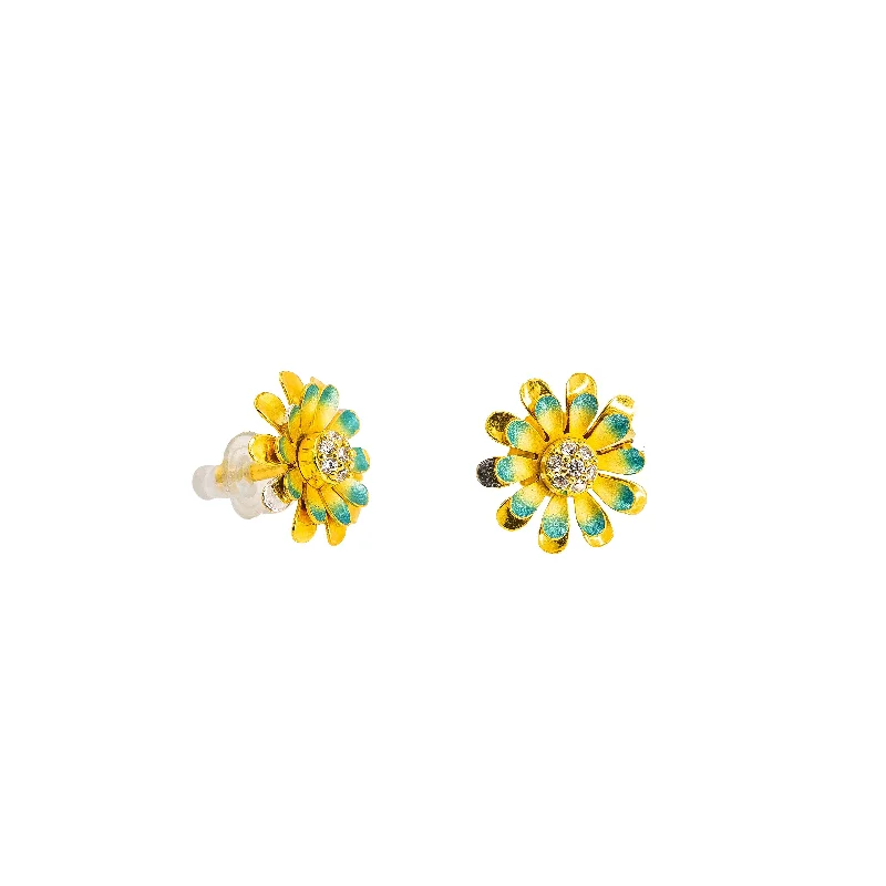 Funky Earrings for Teens-22K Yellow Gold Earrings W/ Center CZ Stud & Hand Painted Flower