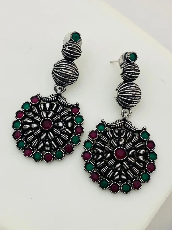 Beautiful Stud Earrings-Fascinating Emerald And Ruby Stone Beaded Silver Toned Long Oxidized Earrings For Women