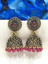 Diamond Stud Earrings-Dazzling Rani Pink Color Flower Design Jhumka Earrings For Women