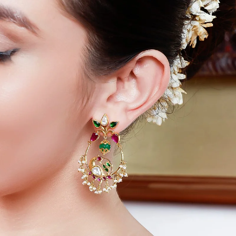 Red Coral Earrings-92.5 Sterling Silver Kundan Swan Chandbali