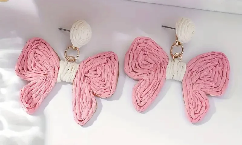 Silver Chain Earrings-Pink Rattan Bow Earrings