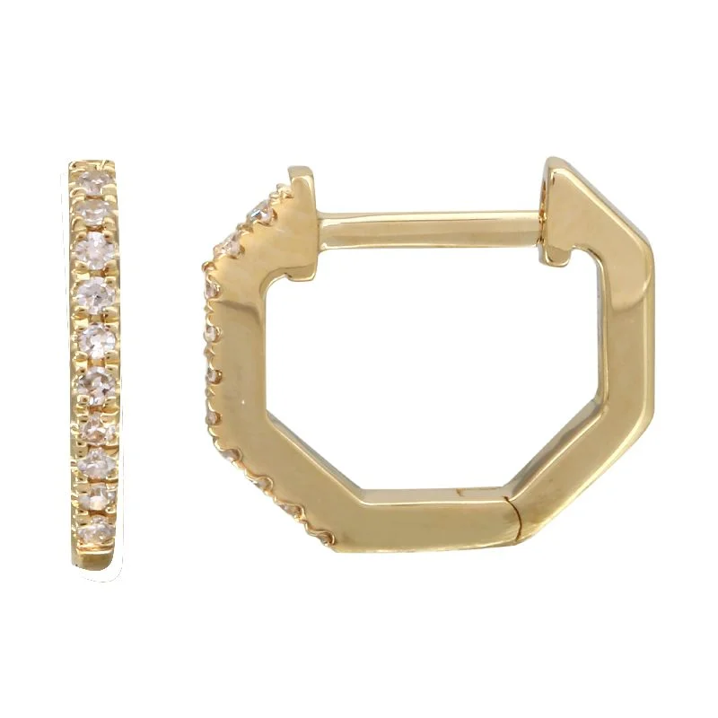 Elegant Evening Earrings-14k Yellow Gold Diamond Octagon Huggie Earrings