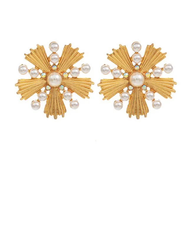 Small Gold Earrings-Flower Pearl and Crystal Earrings