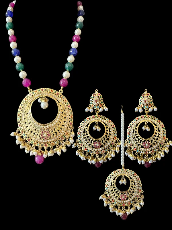 Custom Gemstone Earrings-PS522 Jadau pendant and earrings tika set in Navratan (READY TO SHIP )