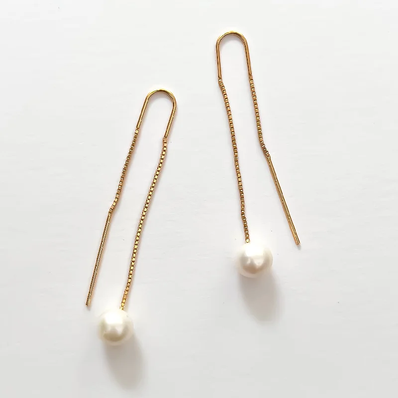 Minimalist Gold Earrings-Freshwater Pearl Threader Earrings