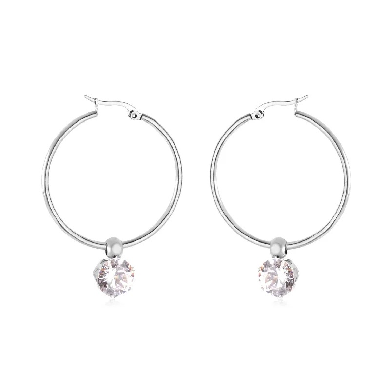 Unique Titanium Wedding Ring-Fashion Round Stainless Steel Plating Rhinestones Hoop Earrings 1 Pair