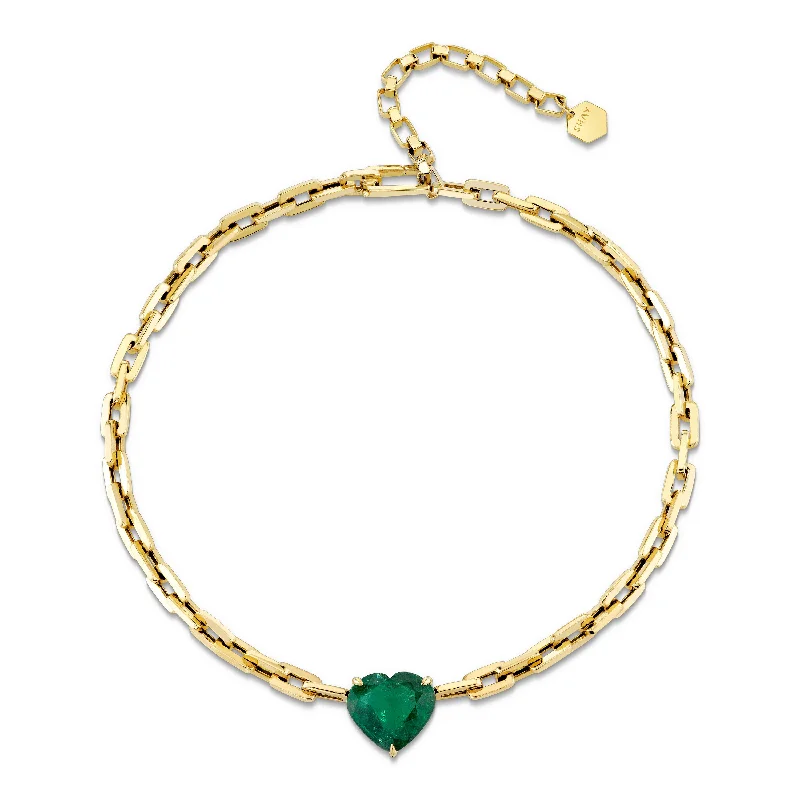 Heart Shaped Gold Necklace-EMERALD HEART SOLID GOLD MINI DECO LINK CHOKER