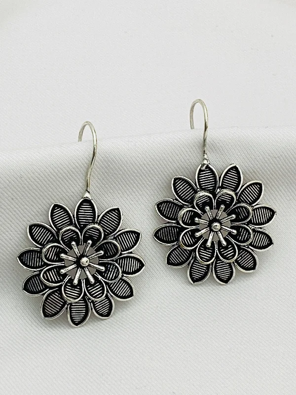 Elegant Pearl Drop Earrings-Dazzling Floral Designed German Silver Plated Oxidized Handmade Hook Earrings