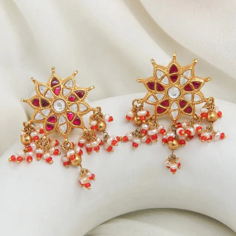 Everyday Hoop Earrings-Red kundan 92.5 silver stud with long bead hangings