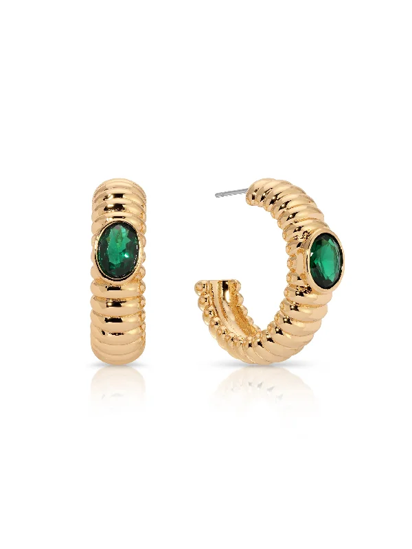 Cute Drop Earrings-Ribbed Emerald Large Hoops