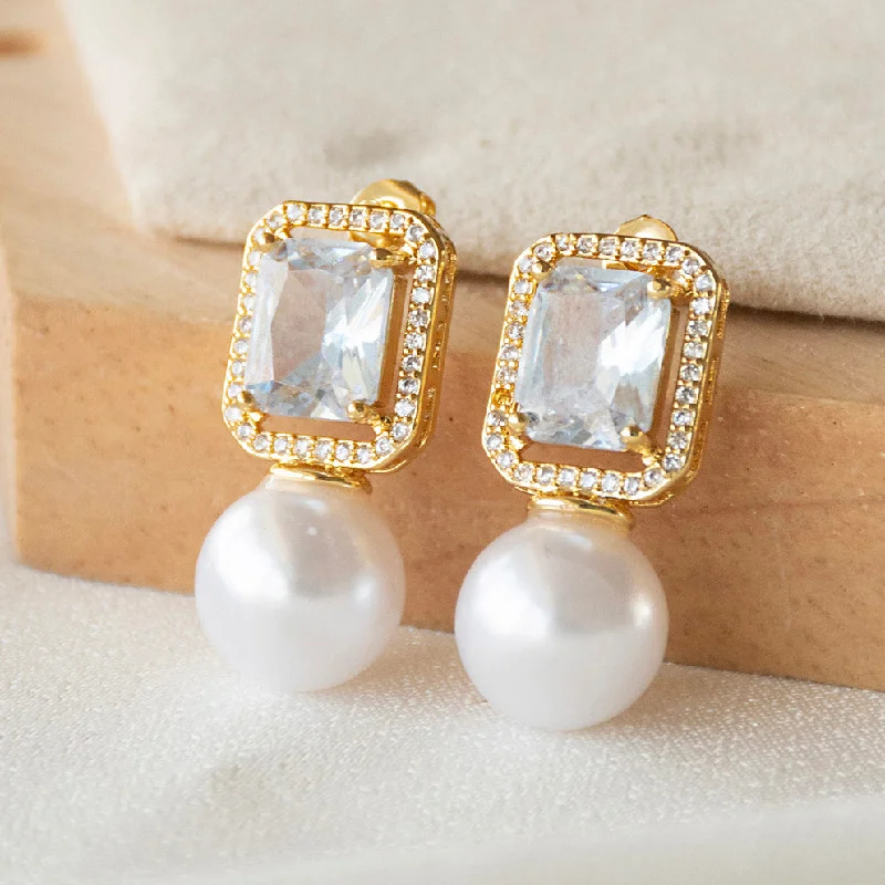 Beaded Earrings for Women-Rectangular Diamond Pearl Earrings