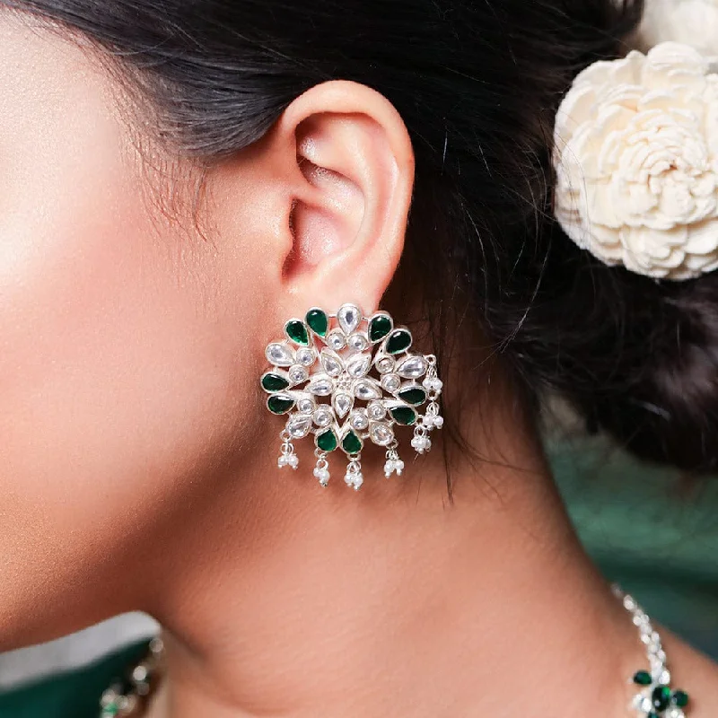 Swarovski Crystal Earrings-SILVER 92.5 GREEN KUNDAN EARRING