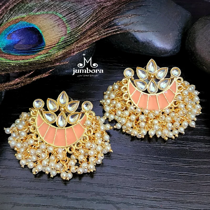 Unique Gemstone Earrings-Peach Handpainted Meenakari Kundan Earrings with Pearls