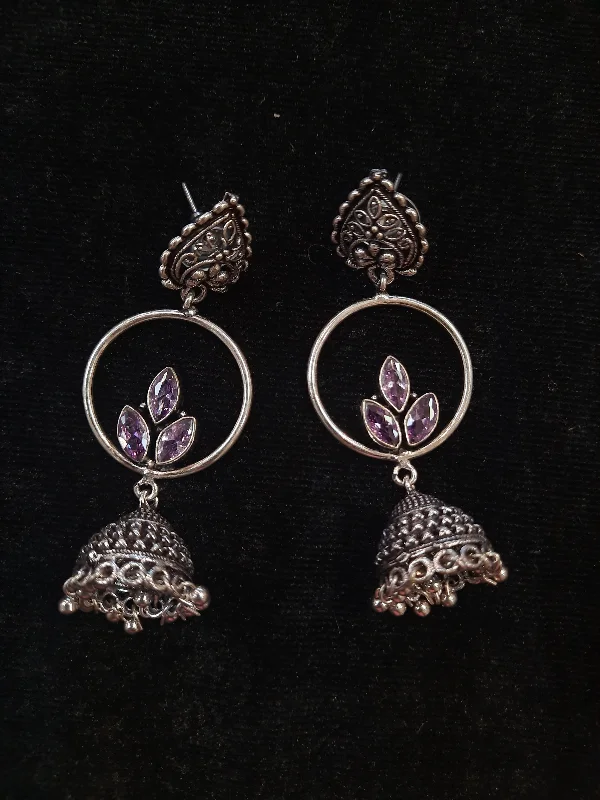 Boho Chic Earrings-Alluring Lavender Color Floral Design Silver Oxidized Jhumka For Women