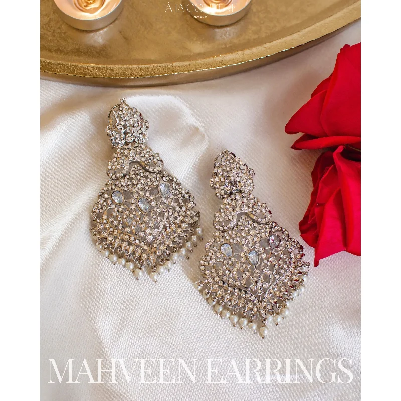 Diamond Drop Earrings-Mahveen Earrings - Silver