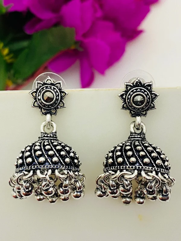 Gold and Diamond Earrings-Dazzling Floral  Oxidized Silver Plated Jhumka Earrings with Pearl Drops