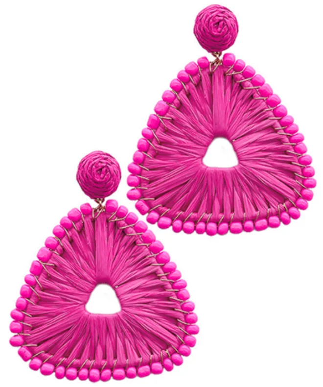 Elegant Evening Earrings-Triangle Raffia Fuchsia Earrings