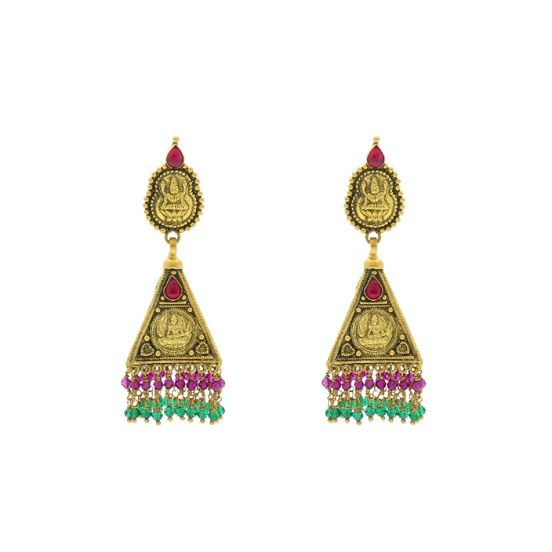 Red Coral Earrings-22K Yellow Gold Laxmi Earrings W/ Emerald & Ruby