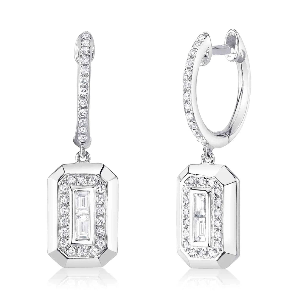 Modern Tassel Earrings-14K White Gold Diamond Huggies With Diamond Baguette Drop Earrings