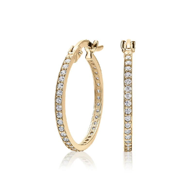 Geometric Dangle Earrings-Round Brilliant hoop earrings with diamond simulants in 10 carat yellow gold