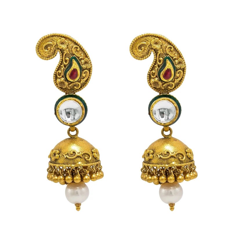 Rose Gold Hoop Earrings-22K Yellow Gold Jhumki Drop Earrings W/ Ruby, Emerald, Kundan & Mango Accents in Antique Finish