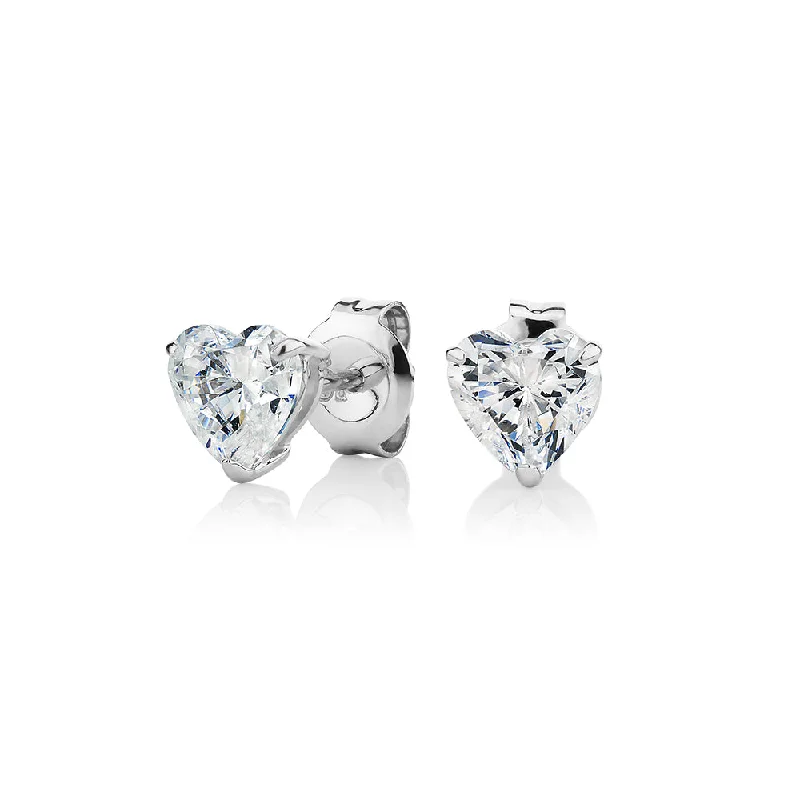 Stud Earrings for Women-Heart stud earrings with 2 carats* of diamond simulants in 10 carat white gold