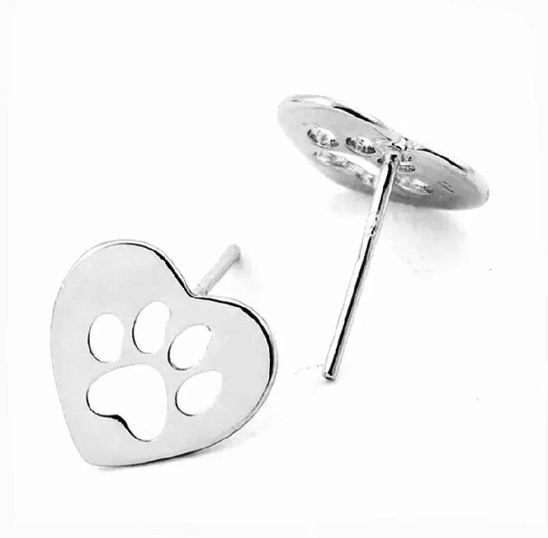 Gold Stud Earrings-Stainless Steel Heart with Paw Print Stud Earrings