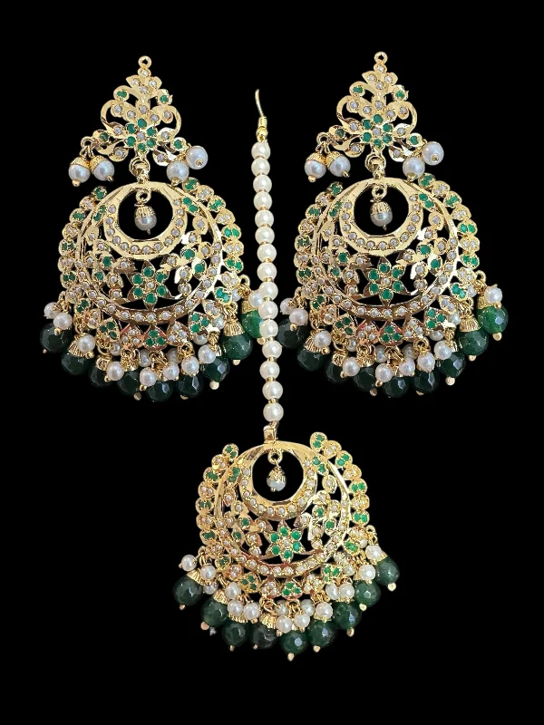 Sterling Stud Earrings-Dafiya Gold Plated emerald Chandbali Earrings & Tika Set | Ready to Ship | Deccan Jewelry