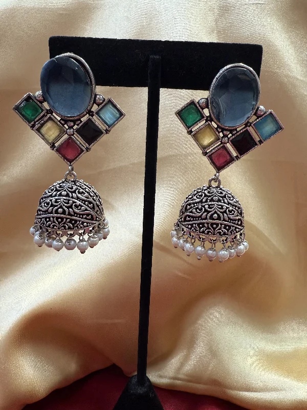 Wedding Dangle Earrings-Alluring Blue Stone Multicolor Jhumka Designer Oxidized Earrings For Women