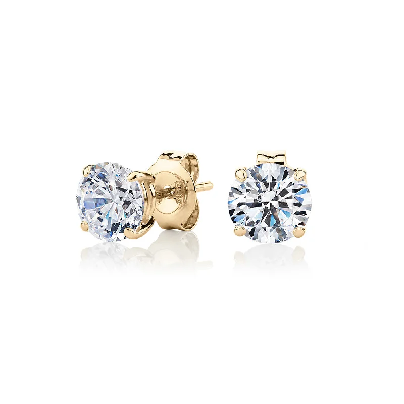 Gold Clip-On Earrings-Round Brilliant stud earrings with 2 carats* of diamond simulants in 10 carat yellow gold