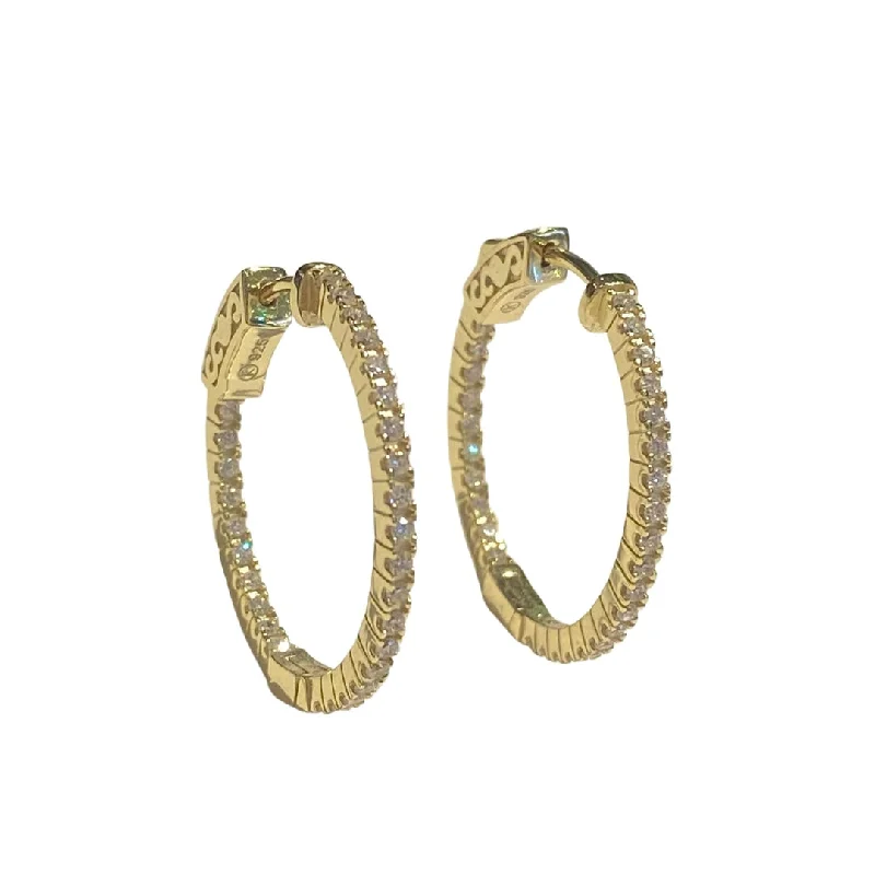 Yellow Gold Earrings-French Clasp Pave Small 1” Hoops