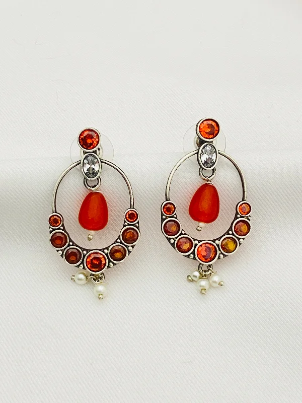 Elegant Dangly Earrings-Dazzling Orange Color Beaded Oval Shaped Oxidized Earrings