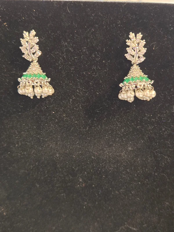 Large Gold Earrings-Attractive Leaf Design American Diamond Green Color Earrings For Women