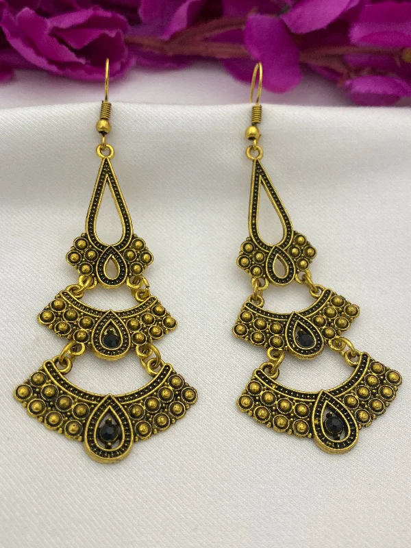 Gold Dangle Earrings-Beautiful Yellow Color Antique Gold Long Hook Earrings