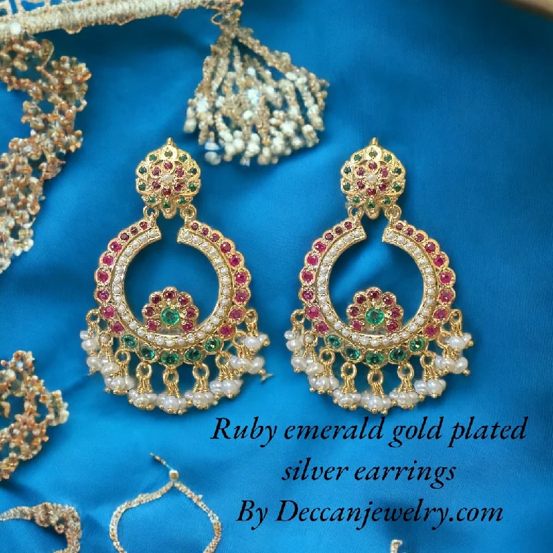 Casual Everyday Earrings-Ruby emerald with fresh water pearl chandbali earrings in gold plated silver ( SHIPS IN 5 WEEKS )