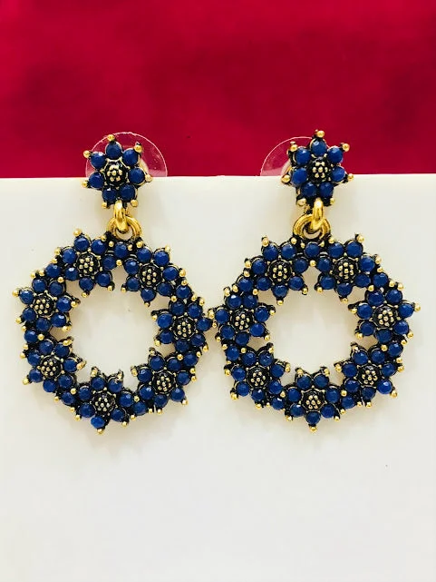 Diamond Drop Earrings-Stunning Antique Gold Dark Blue Color Flower Design Work Earrings For Women