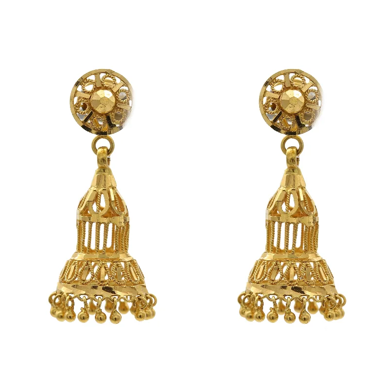 Chic Stud Earrings-22K Yellow Gold Chandelier Jhumki Earrings W/ Floral Shape Top